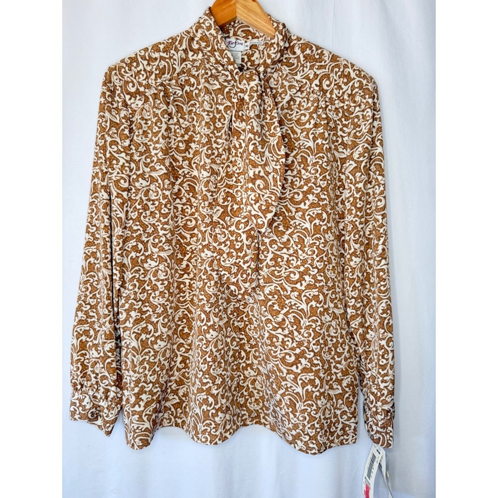 VTG Tan Jay Womens Brown White Tie Neck Blouse Long Sleeve Size 10 NWT